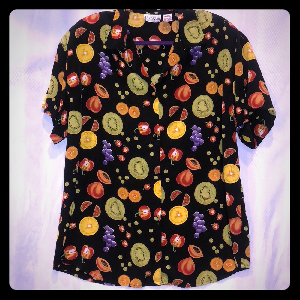 Xl Le Caviar Fruit Black Green Button up Blouse E1